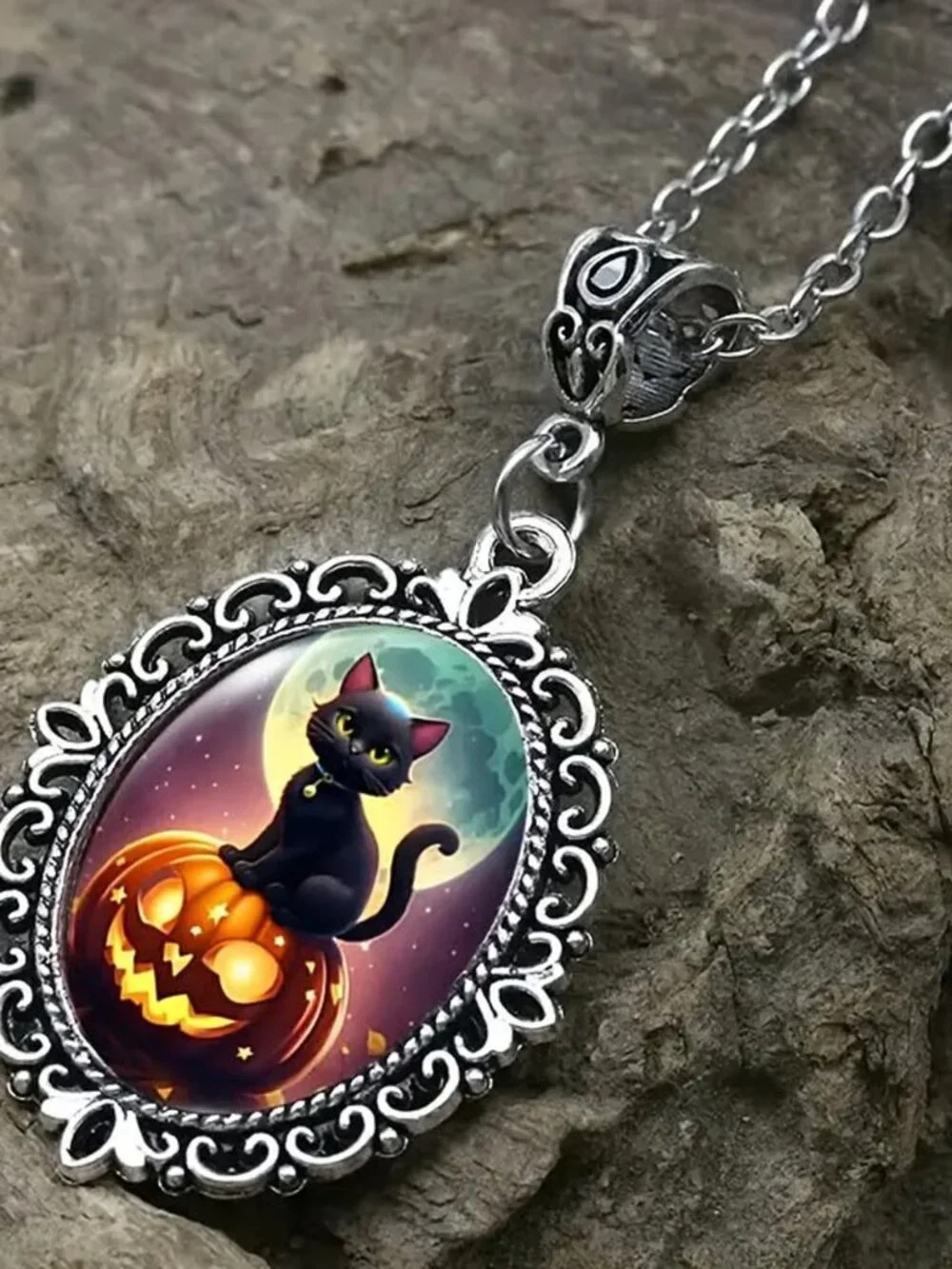 Silver Halloween BLACK CAT Pendant Necklace